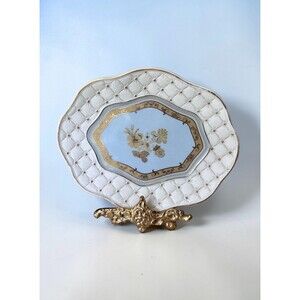 Napoleon Floral Quilted Soap Dish 7" Scalloped Blue & Gold Ceramic Trinket Tray